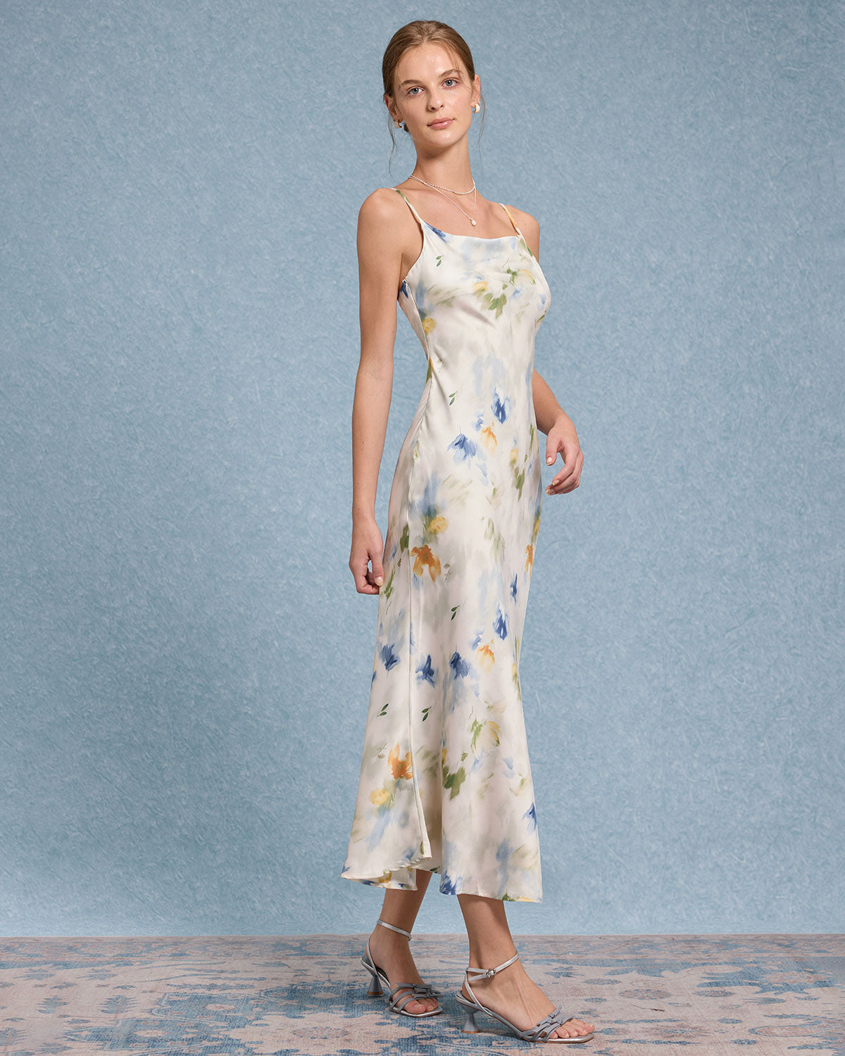 Mavi Çiçekli Denizkızı Slip Midi Elbise