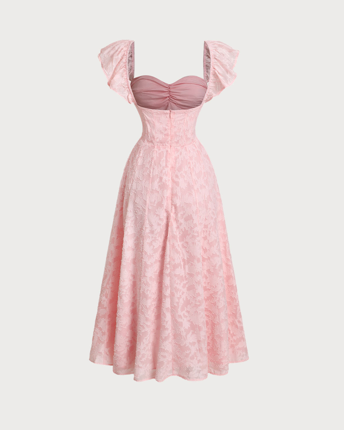 Pembe Jakarlı Dantelli Kare Yaka Midi Elbise