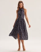 Siyah Çiçekli Büzgülü Sırtı Açık Midi Elbise