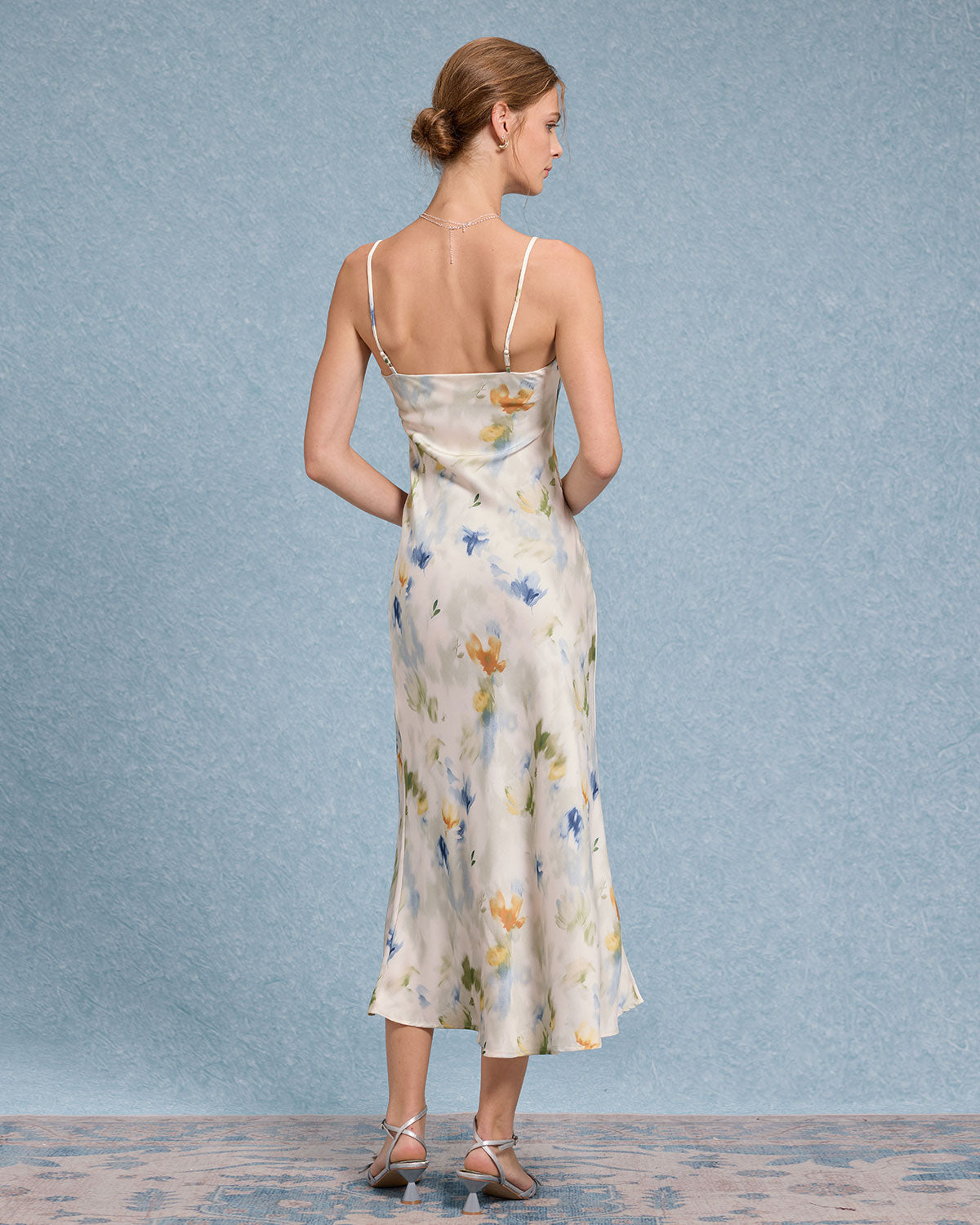 Mavi Çiçekli Denizkızı Slip Midi Elbise