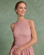 Kırmızı Kareli Büzgülü Kolsuz Midi Elbise