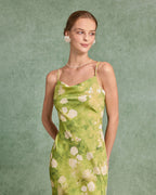 Yeşil Çiçekli A Kesim Midi Elbise