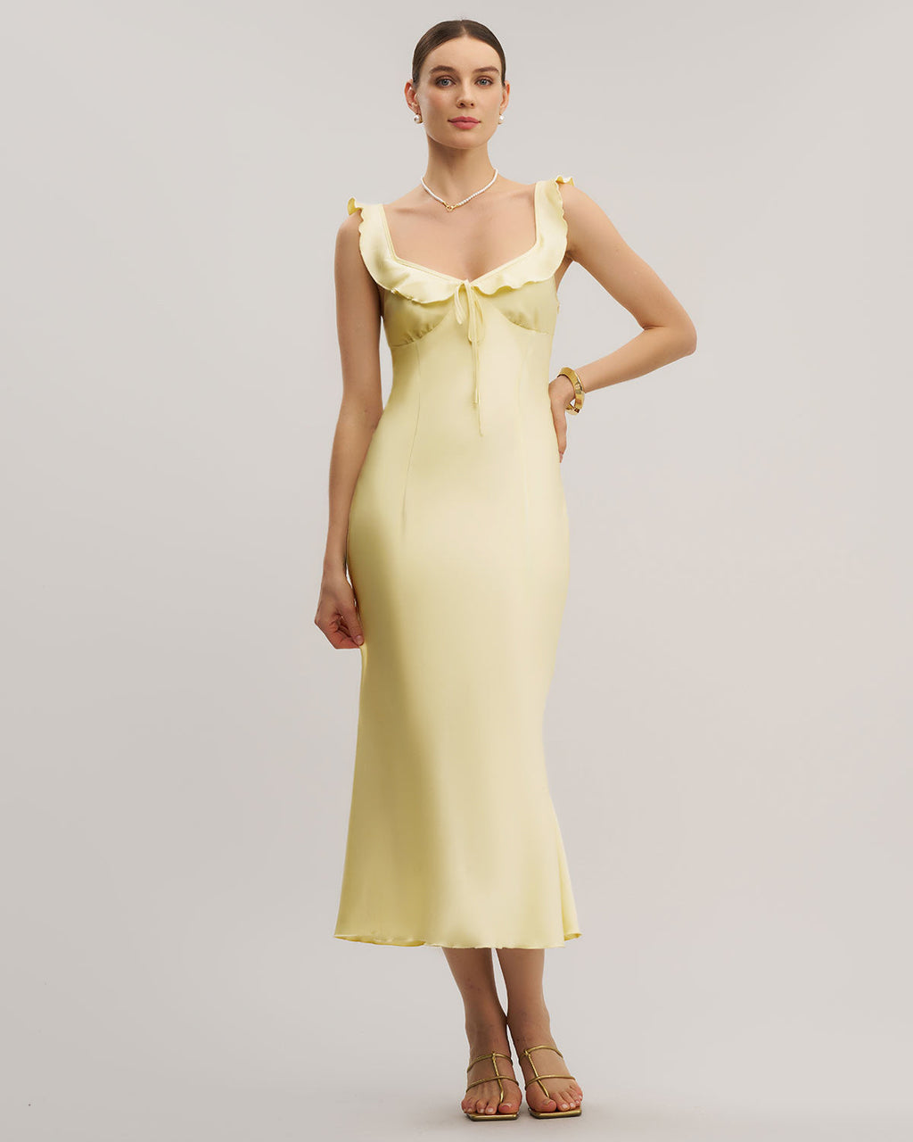 Sarı V Yaka Fırfırlı Denizkızı Midi Elbise