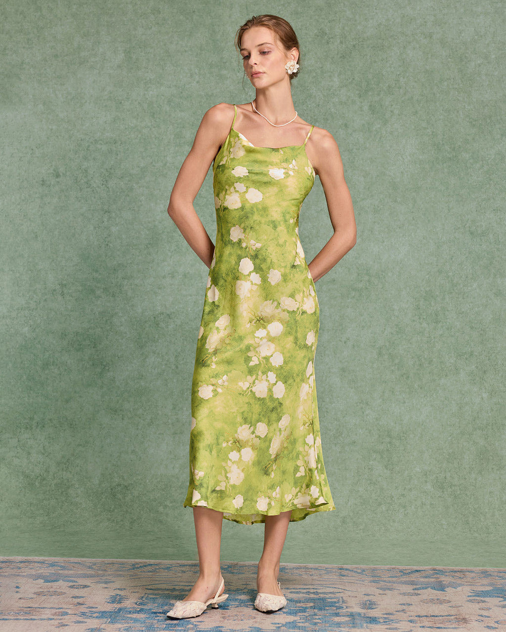 Yeşil Çiçekli A Kesim Midi Elbise