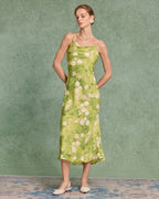 Yeşil Çiçekli A Kesim Midi Elbise