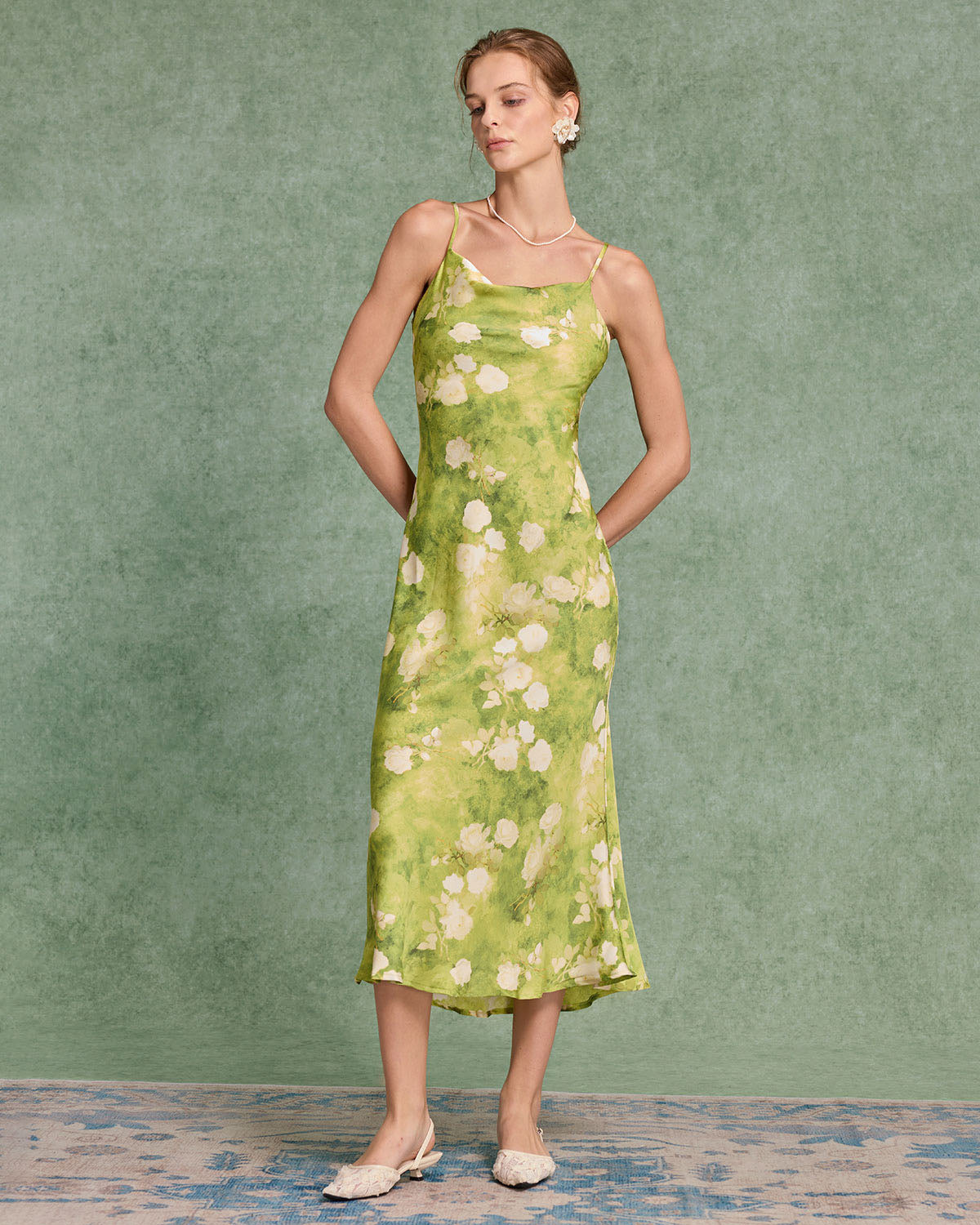 Yeşil Çiçekli A Kesim Midi Elbise