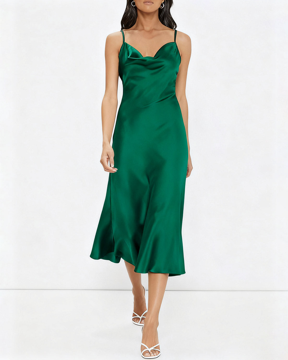 Yeşil Saten A-Line Slip Midi Elbise