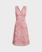 Pembe Çiçekli V Yaka Kolsuz Midi Elbise