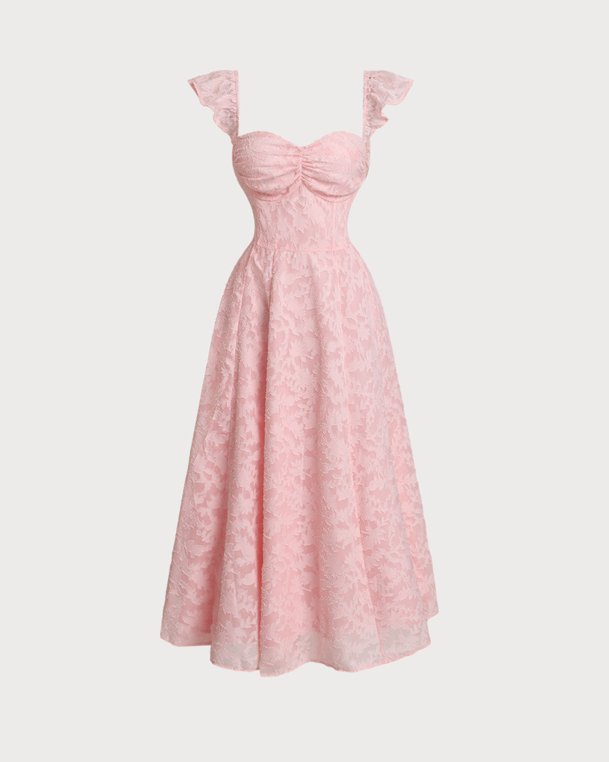 Pembe Jakarlı Dantelli Kare Yaka Midi Elbise