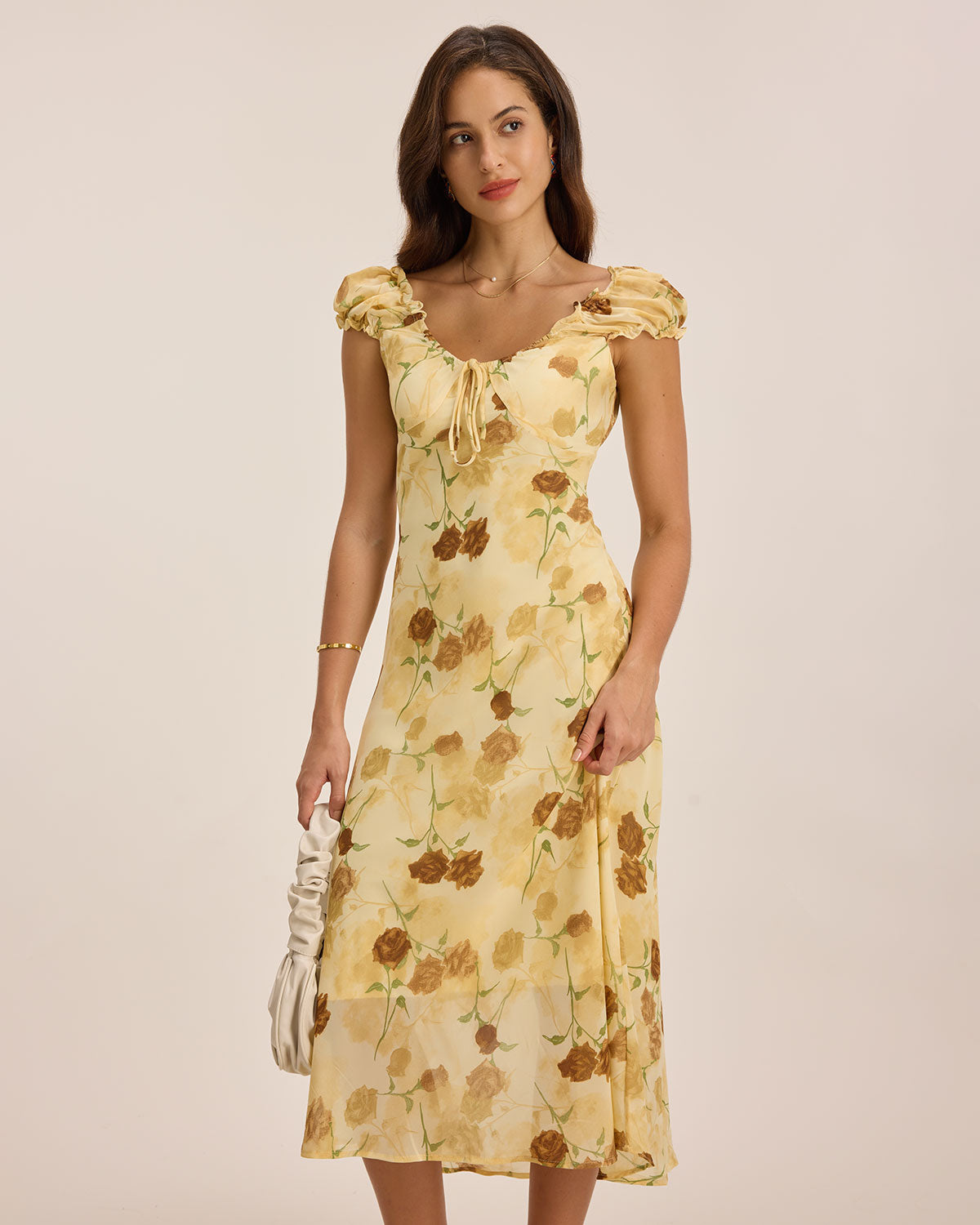 Sarı Çiçekli Kıvrımlı Kolsuz Midi Elbise