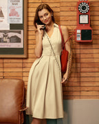 Kayısı Düğmeli Kolsuz Midi Elbise