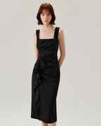 Siyah Fırfırlı Dantelli Slip Midi Elbise