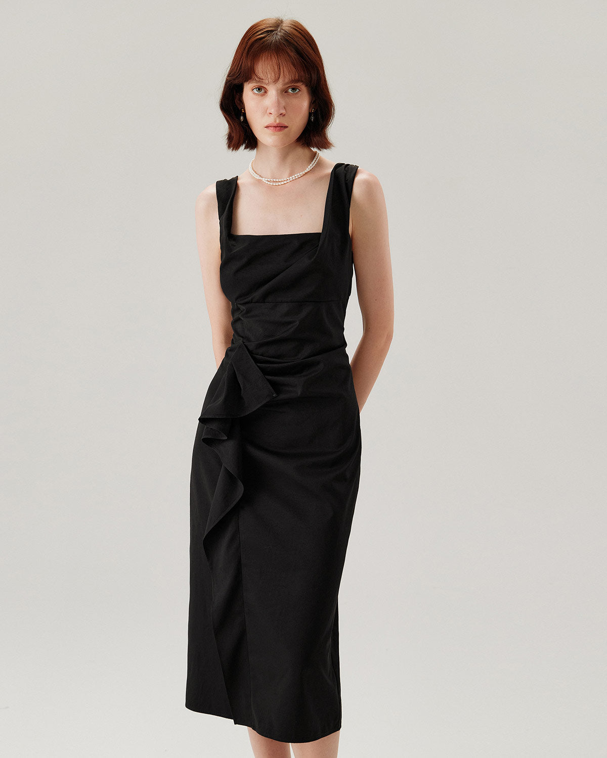 Siyah Fırfırlı Dantelli Slip Midi Elbise