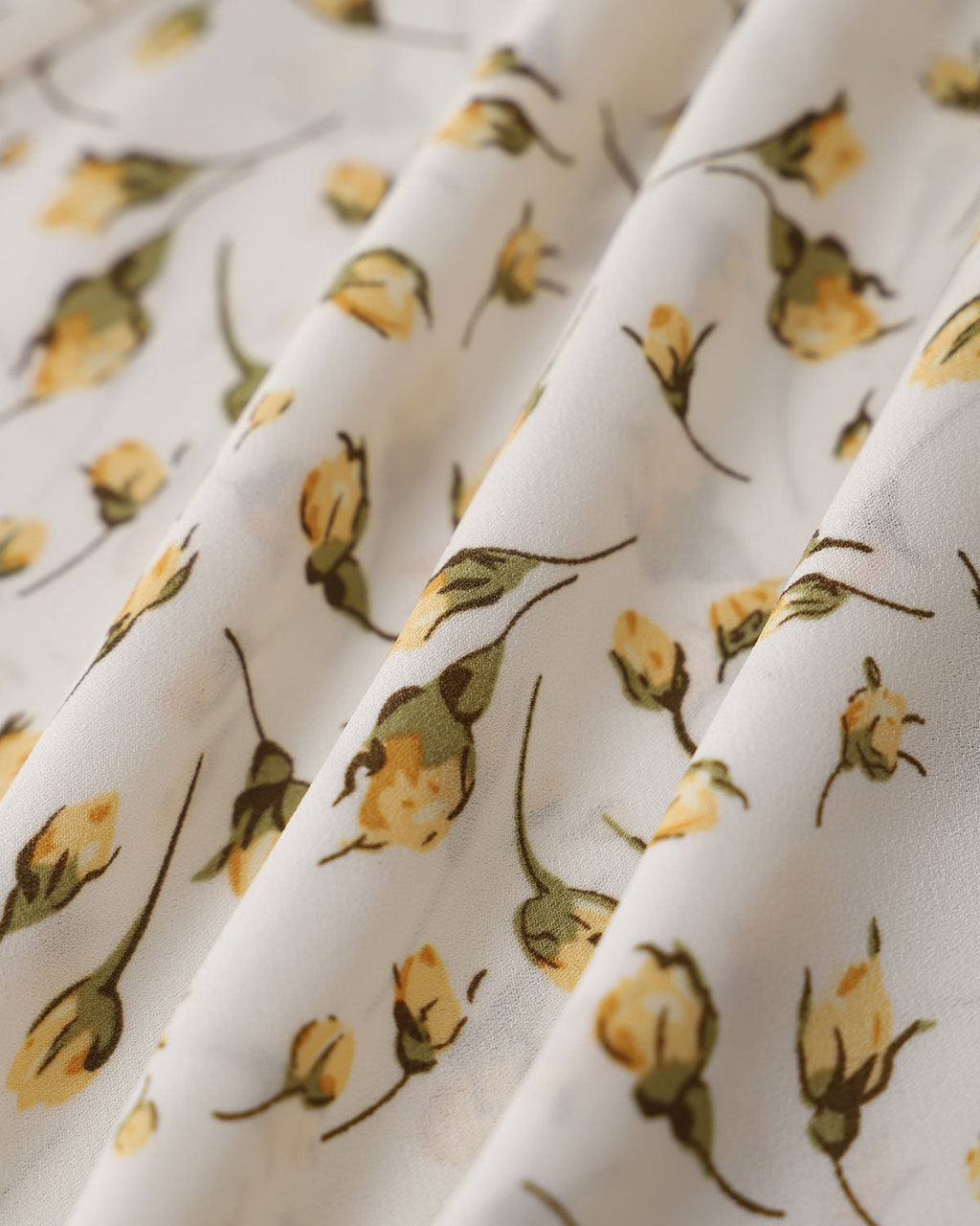 Sarı Çiçekli Kare Yaka Büzgülü Midi Elbise