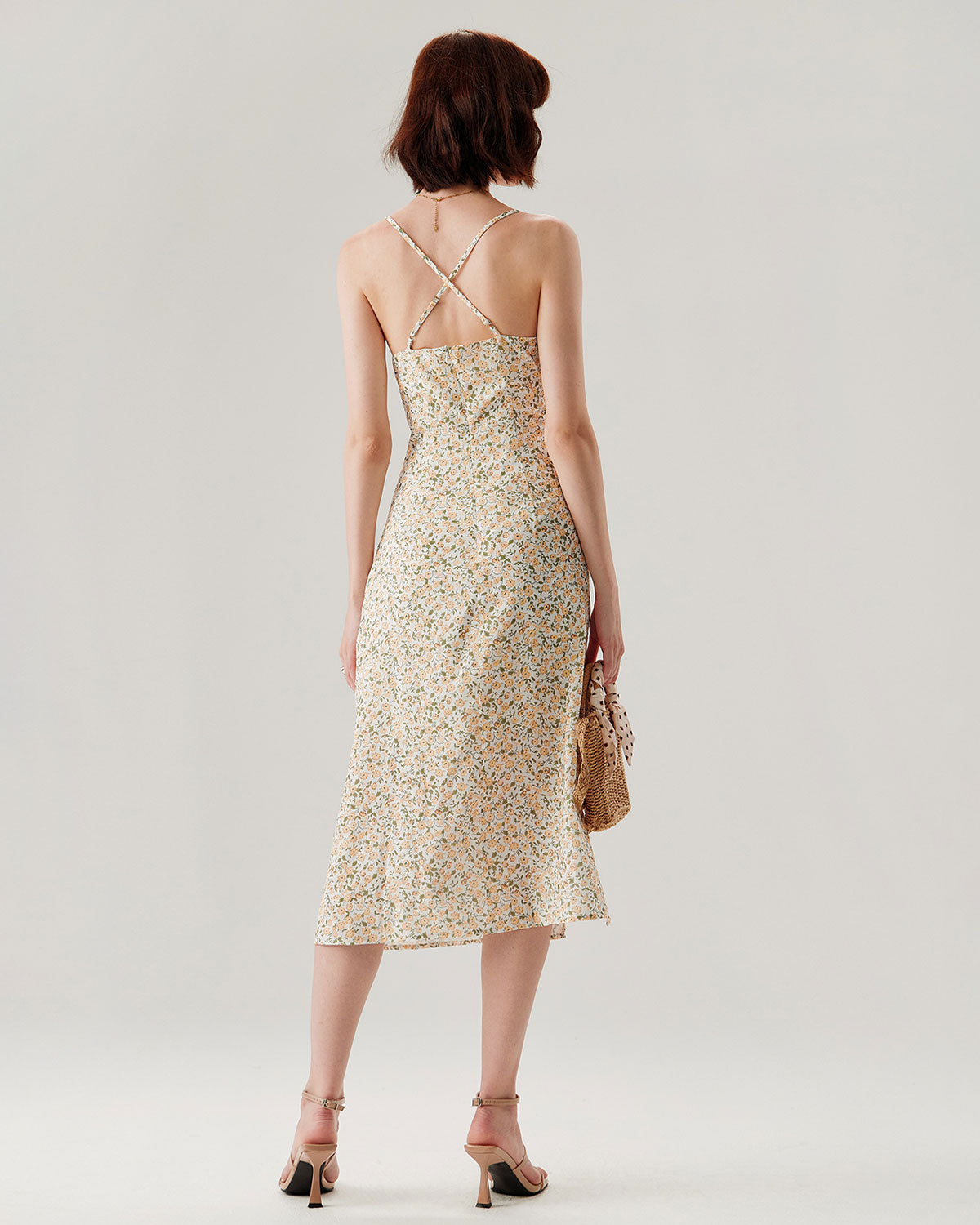 Sarı Çiçekli Dantelli Slip Midi Elbise