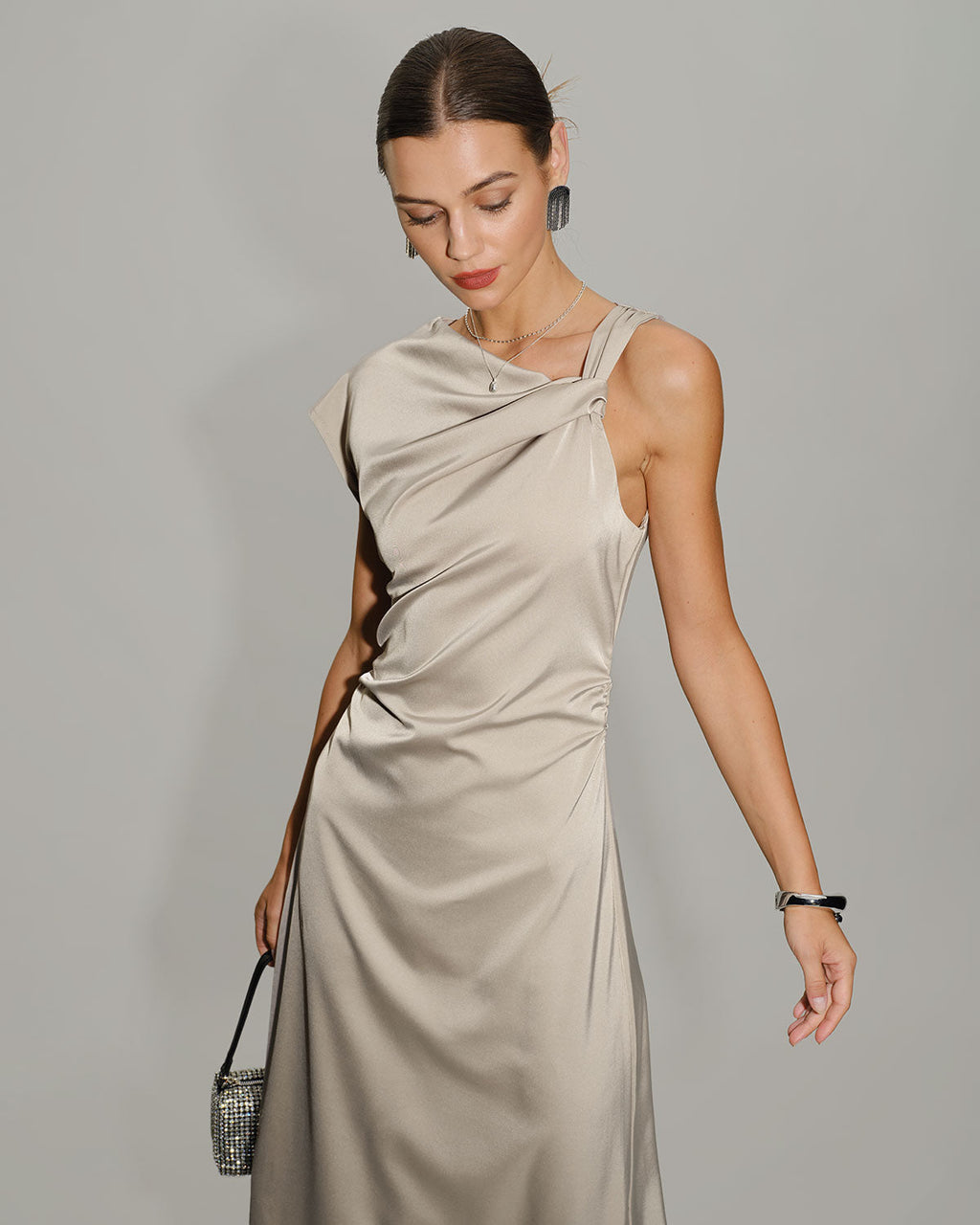 Gri Asimetrik Saten Midi Elbise