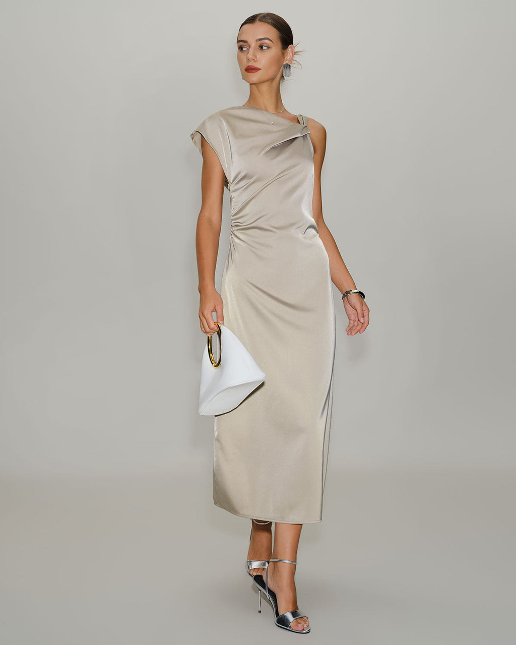Gri Asimetrik Saten Midi Elbise
