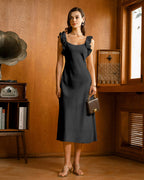 Siyah Volanlı Kare Yaka Slip Midi Elbise