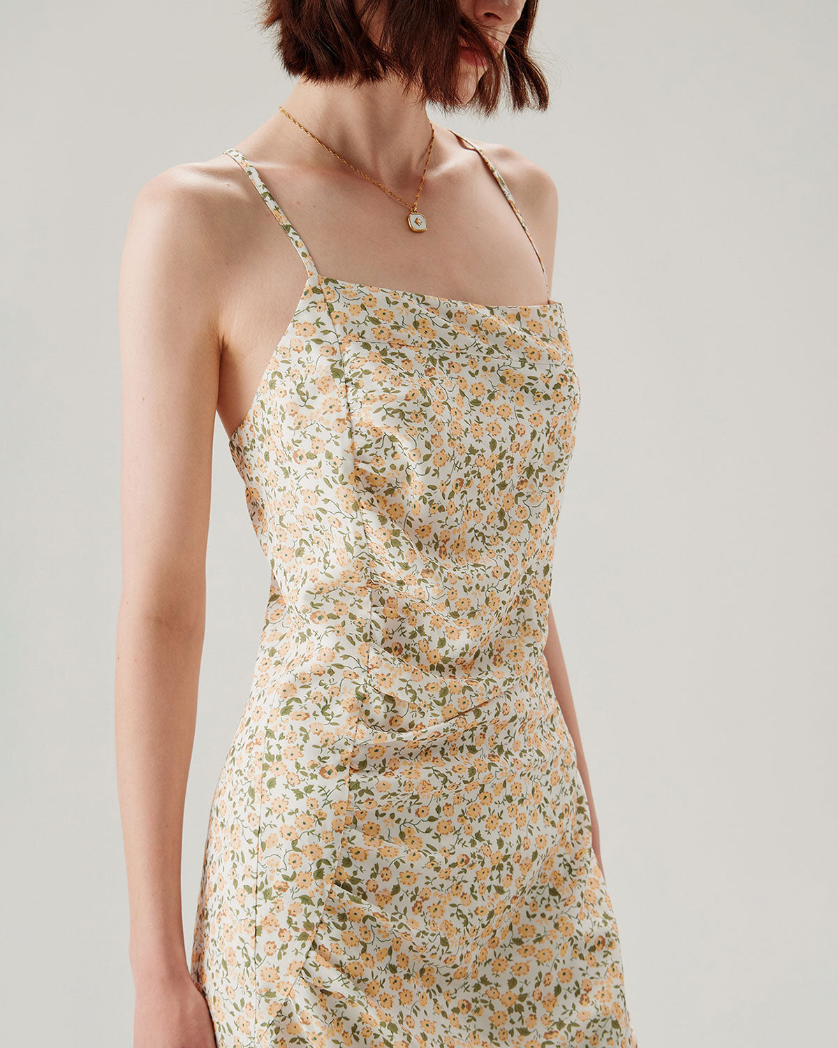 Sarı Çiçekli Dantelli Slip Midi Elbise