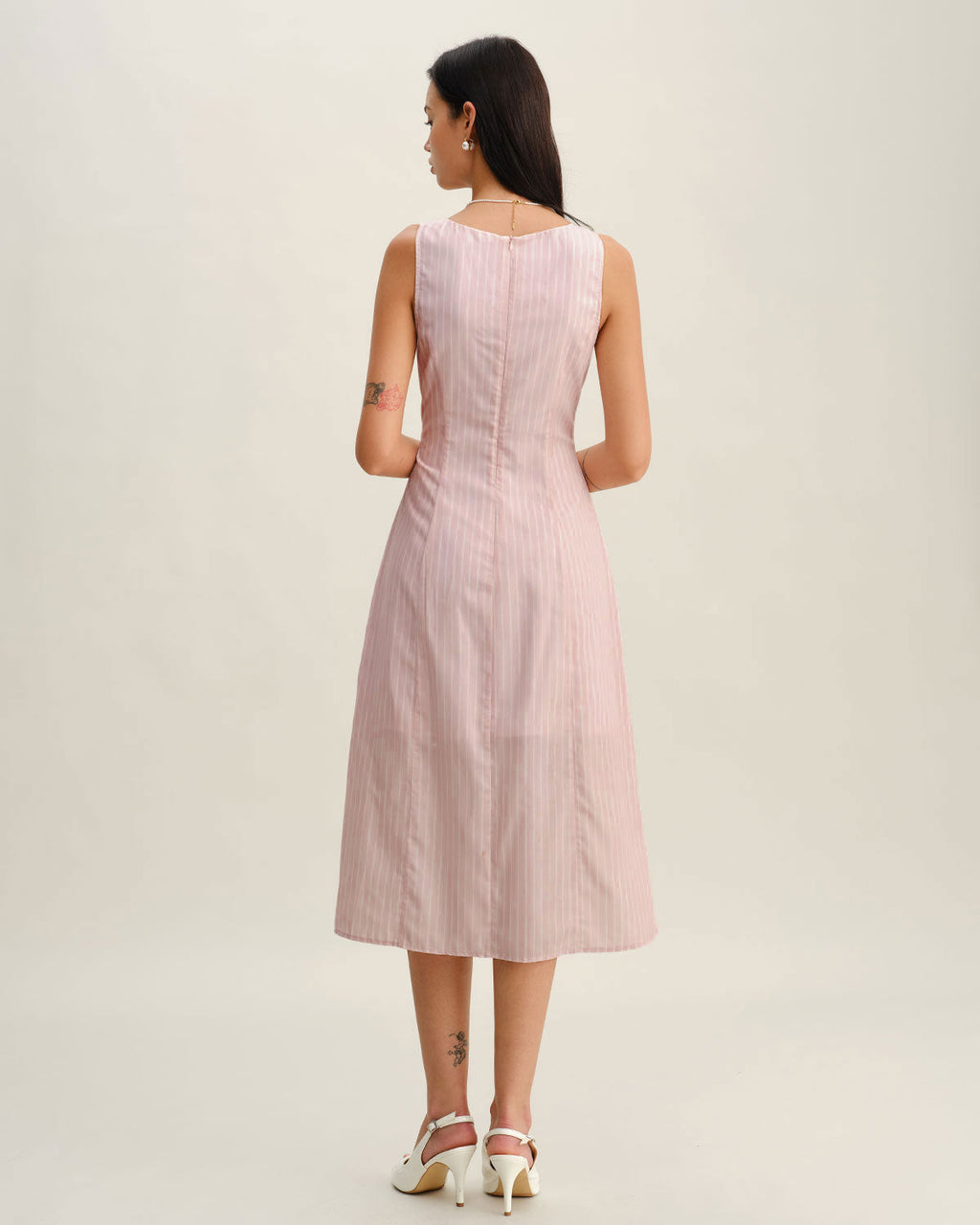 Pembe Çizgili V Yaka Kolsuz Midi Elbise