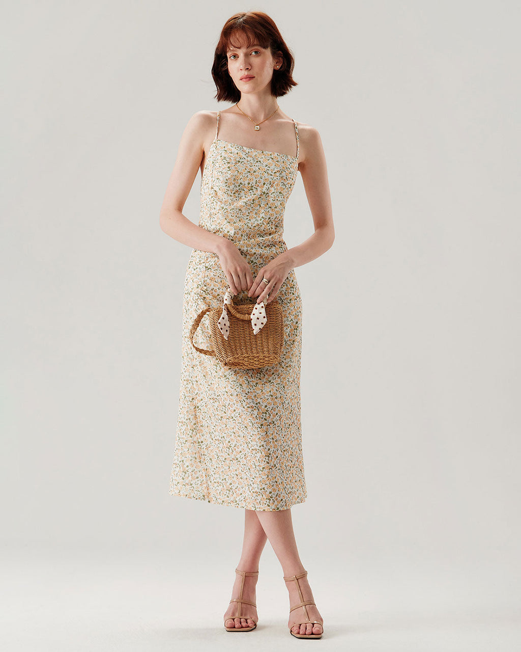 Sarı Çiçekli Dantelli Slip Midi Elbise