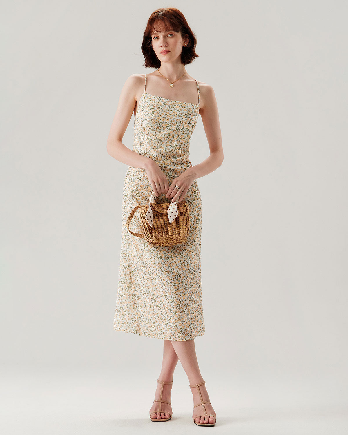 Sarı Çiçekli Dantelli Slip Midi Elbise