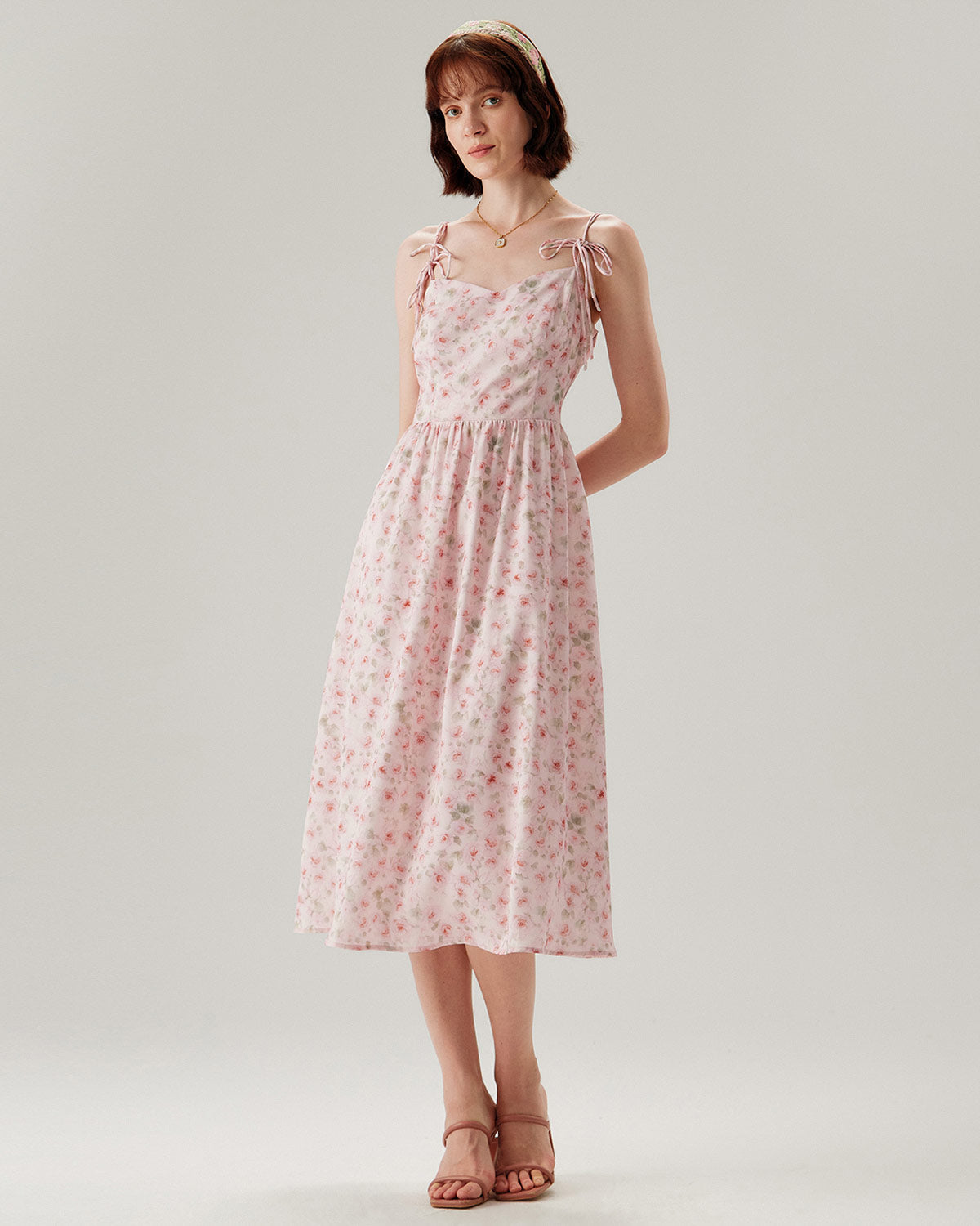 Pembe Çiçekli Büzgülü Slip Midi Elbise