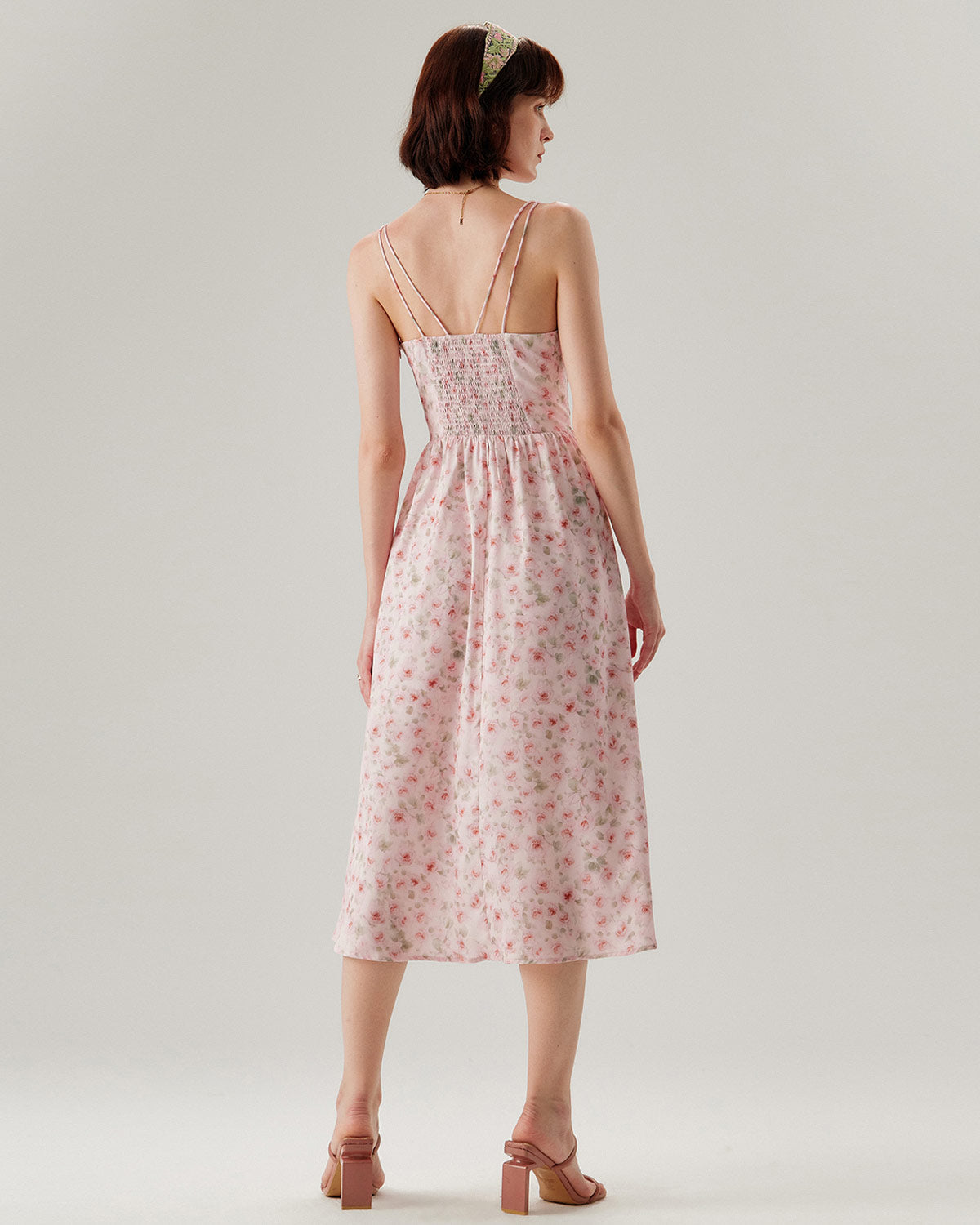Pembe Çiçekli Büzgülü Slip Midi Elbise
