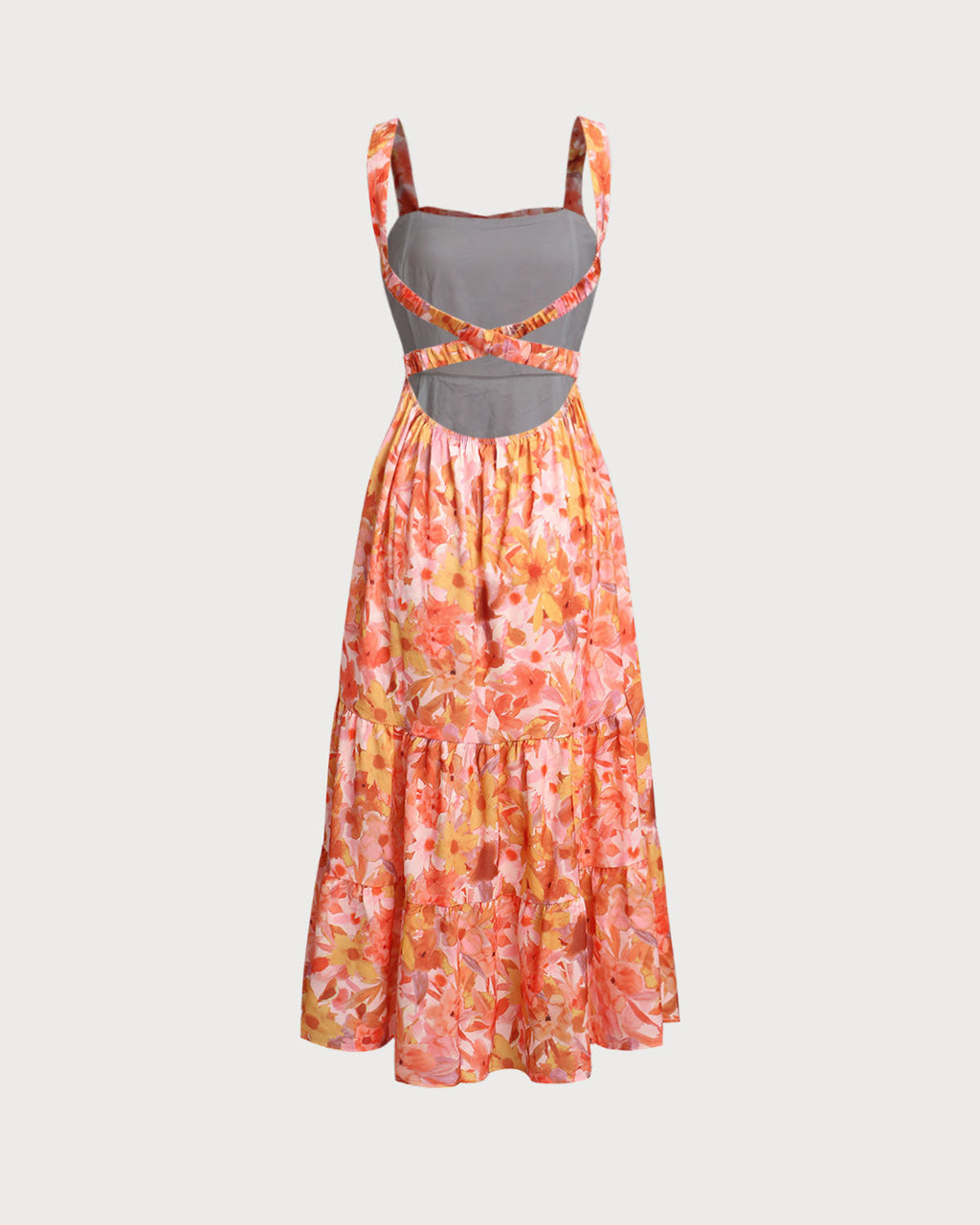 Turuncu Çiçekli Kare Yaka Midi Elbise