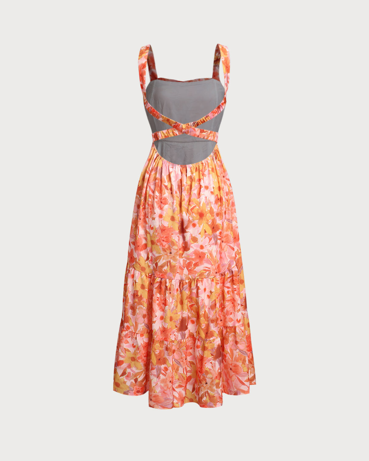 Turuncu Çiçekli Kare Yaka Midi Elbise