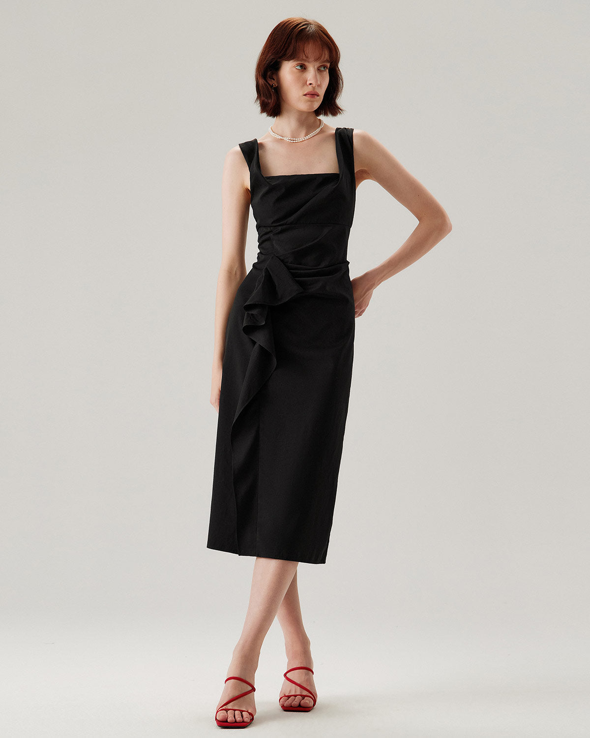 Siyah Fırfırlı Dantelli Slip Midi Elbise