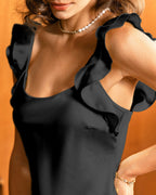 Siyah Volanlı Kare Yaka Slip Midi Elbise