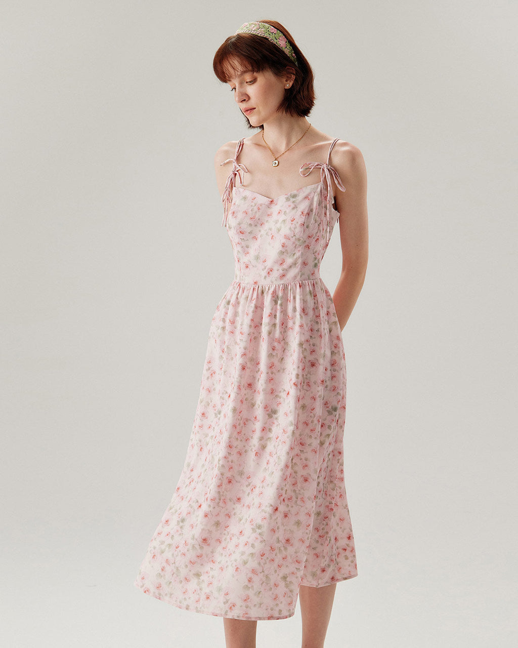 Pembe Çiçekli Büzgülü Slip Midi Elbise