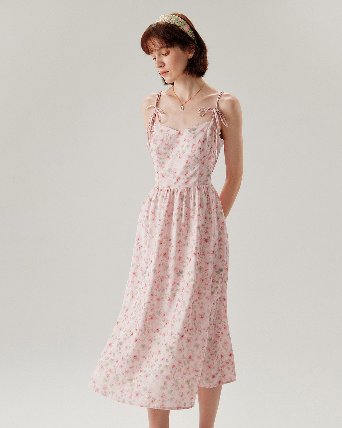 Pembe Çiçekli Büzgülü Slip Midi Elbise