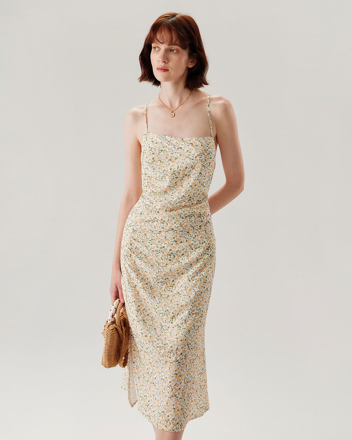 Sarı Çiçekli Dantelli Slip Midi Elbise