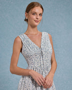 Mavi Çiçekli V Yaka Pileli Mini Elbise