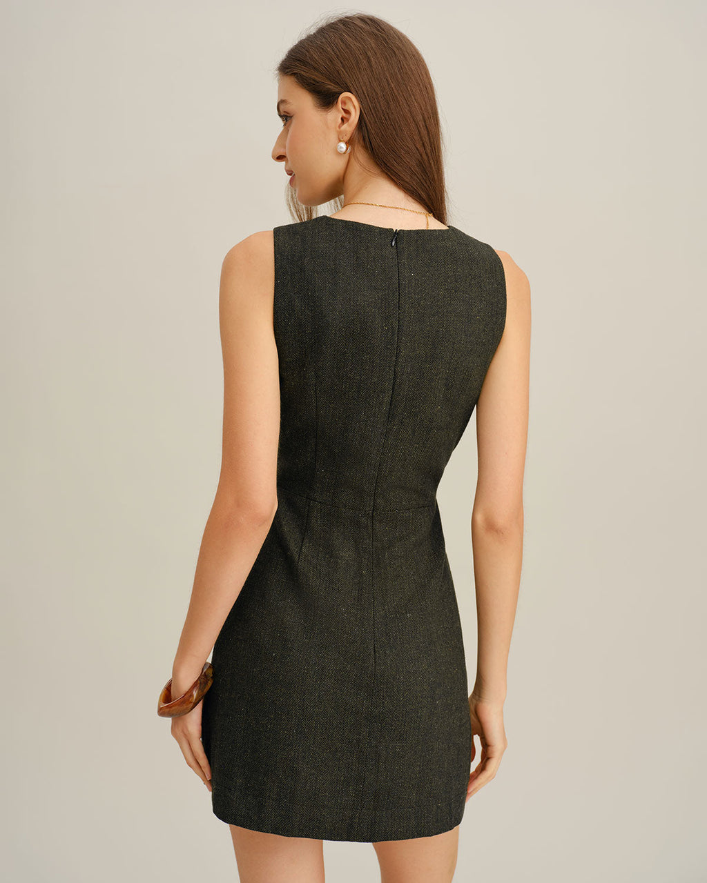 Koyu Yeşil V Yaka Kolsuz Mini Elbise