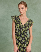 Siyah Çiçekli V Yaka Volanlı Midi Elbise