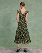 Siyah Çiçekli V Yaka Volanlı Midi Elbise