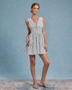 Mavi Çiçekli V Yaka Pileli Mini Elbise