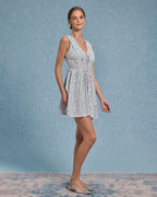 Mavi Çiçekli V Yaka Pileli Mini Elbise