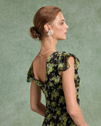 Siyah Çiçekli V Yaka Volanlı Midi Elbise