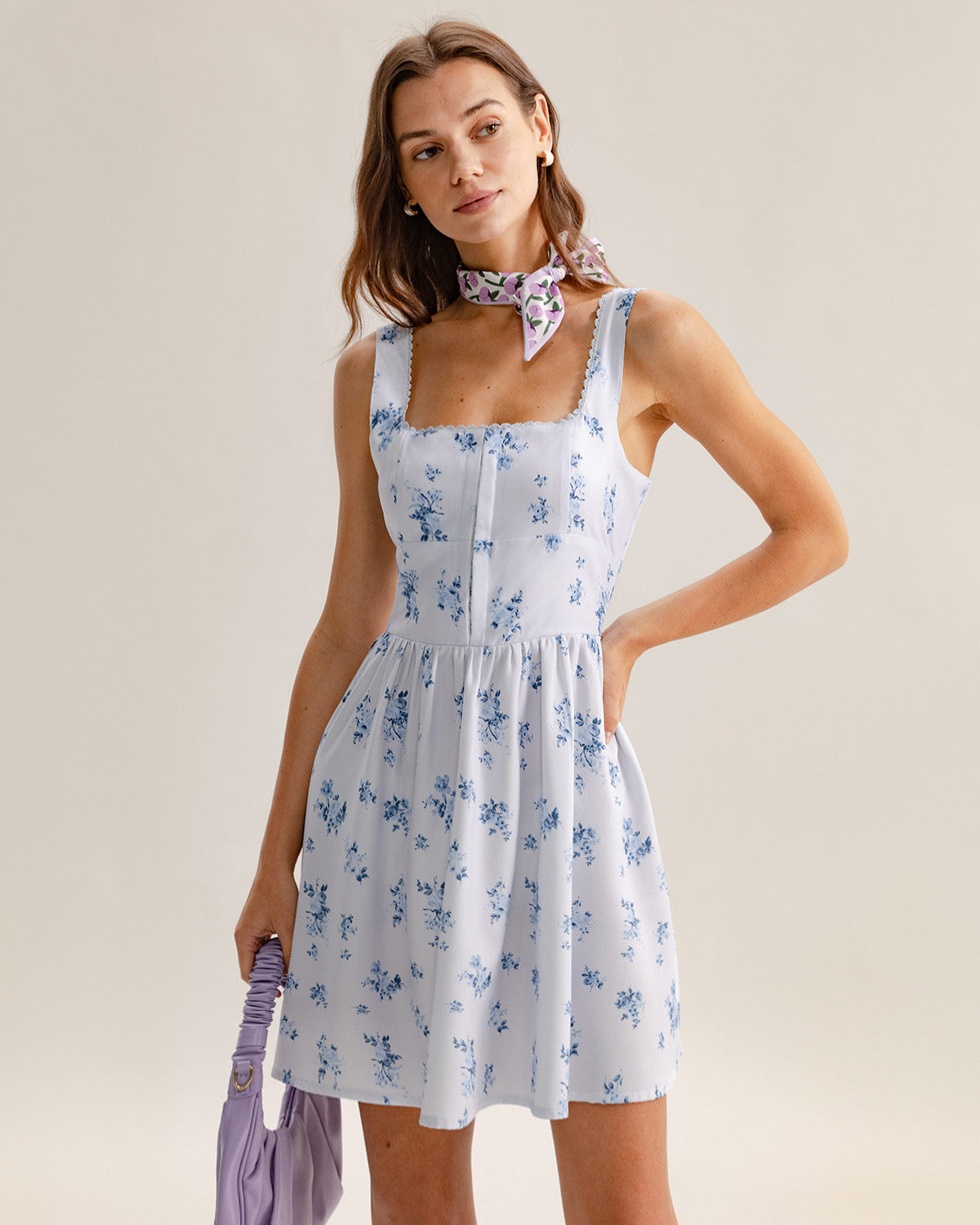 Mavi Çiçekli Kare Yaka Slip Mini Elbise