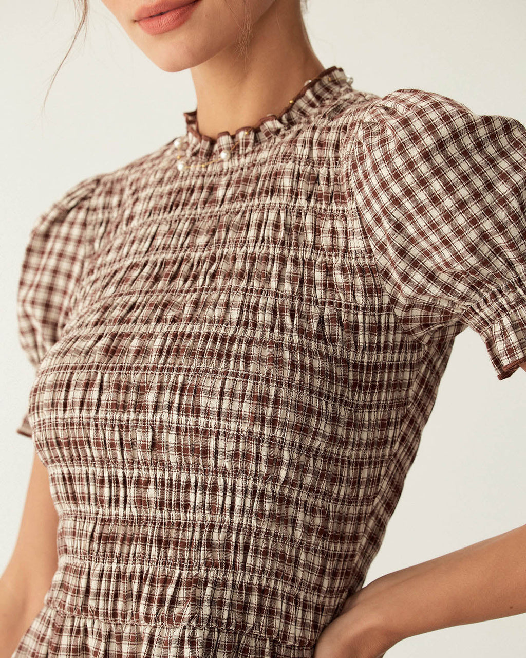 Kahve Ekose Kabarık Kol Mini Elbise