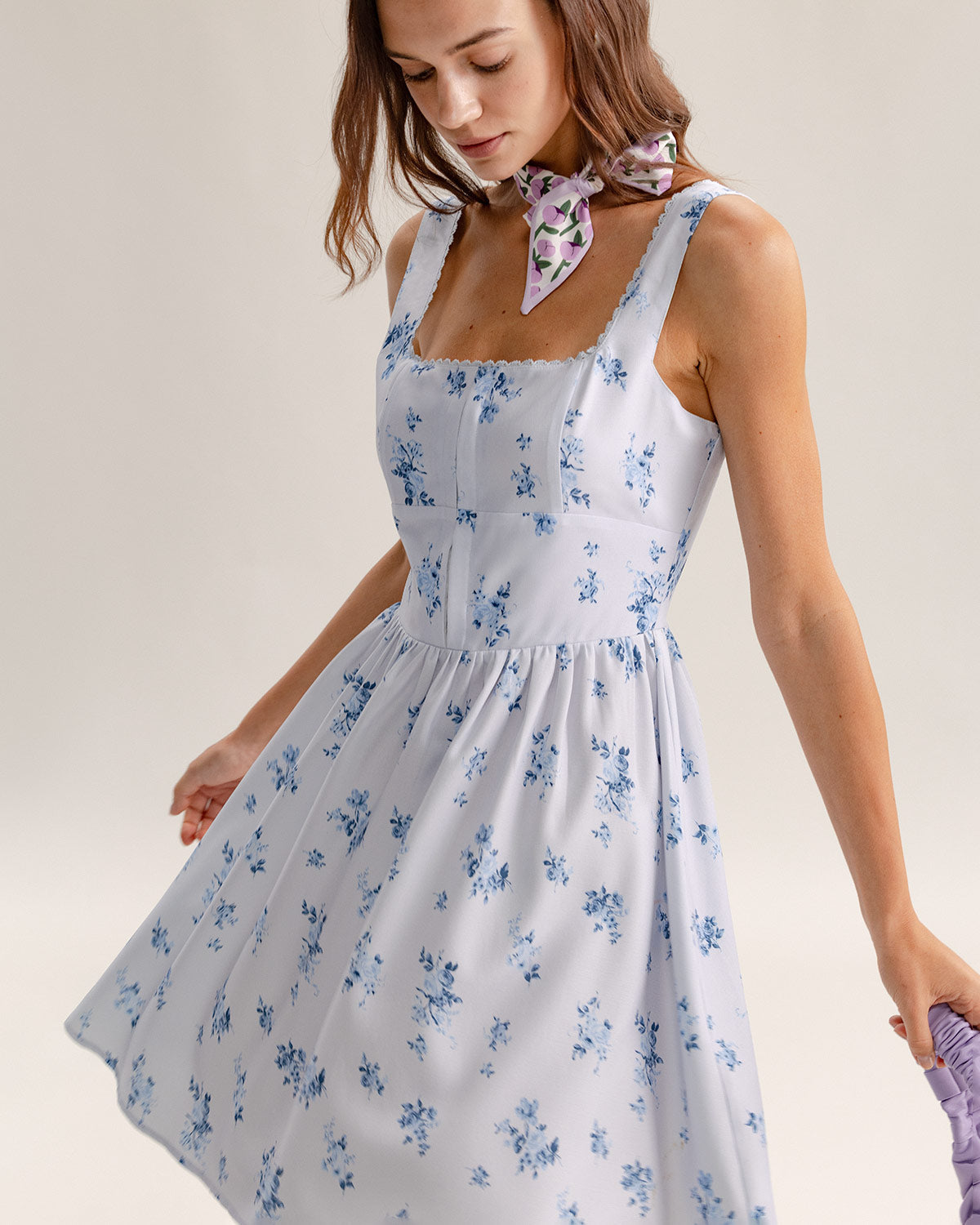 Mavi Çiçekli Kare Yaka Slip Mini Elbise