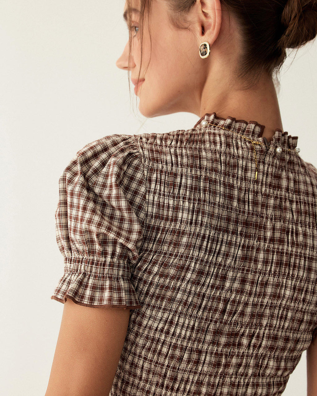 Kahve Ekose Kabarık Kol Mini Elbise