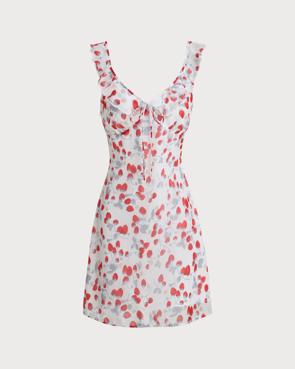 Beyaz Çiçek Desenli V Yaka Fırfırlı Mini Elbise