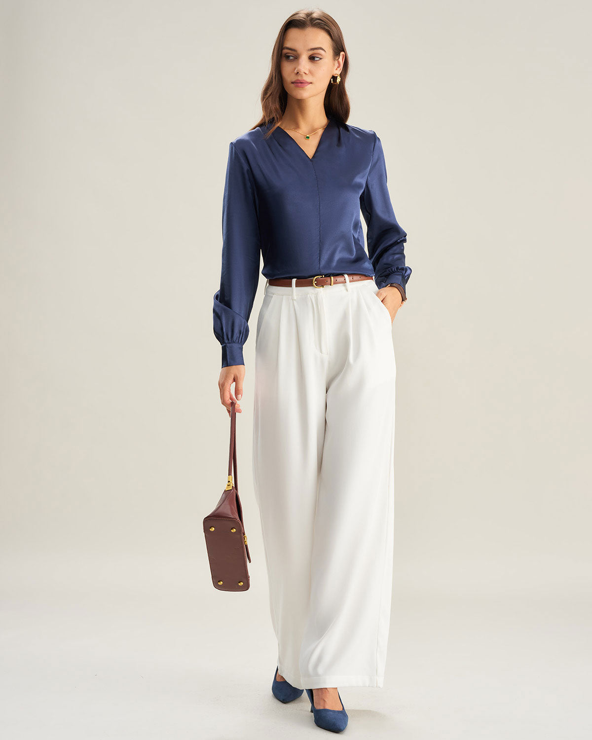 Mavi Saten V Yaka Gömlek