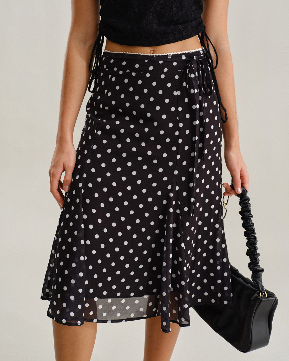 Siyah Polka Dot Denizkızı Midi Etek