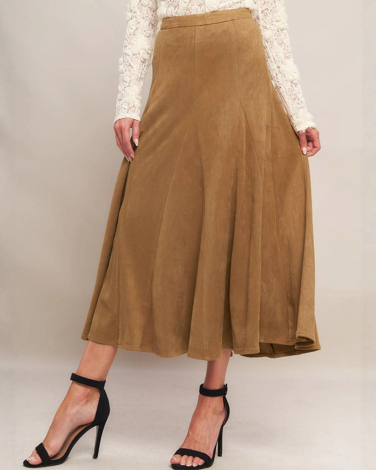 Kahverengi Doğal Bel A-Line Midi Etek